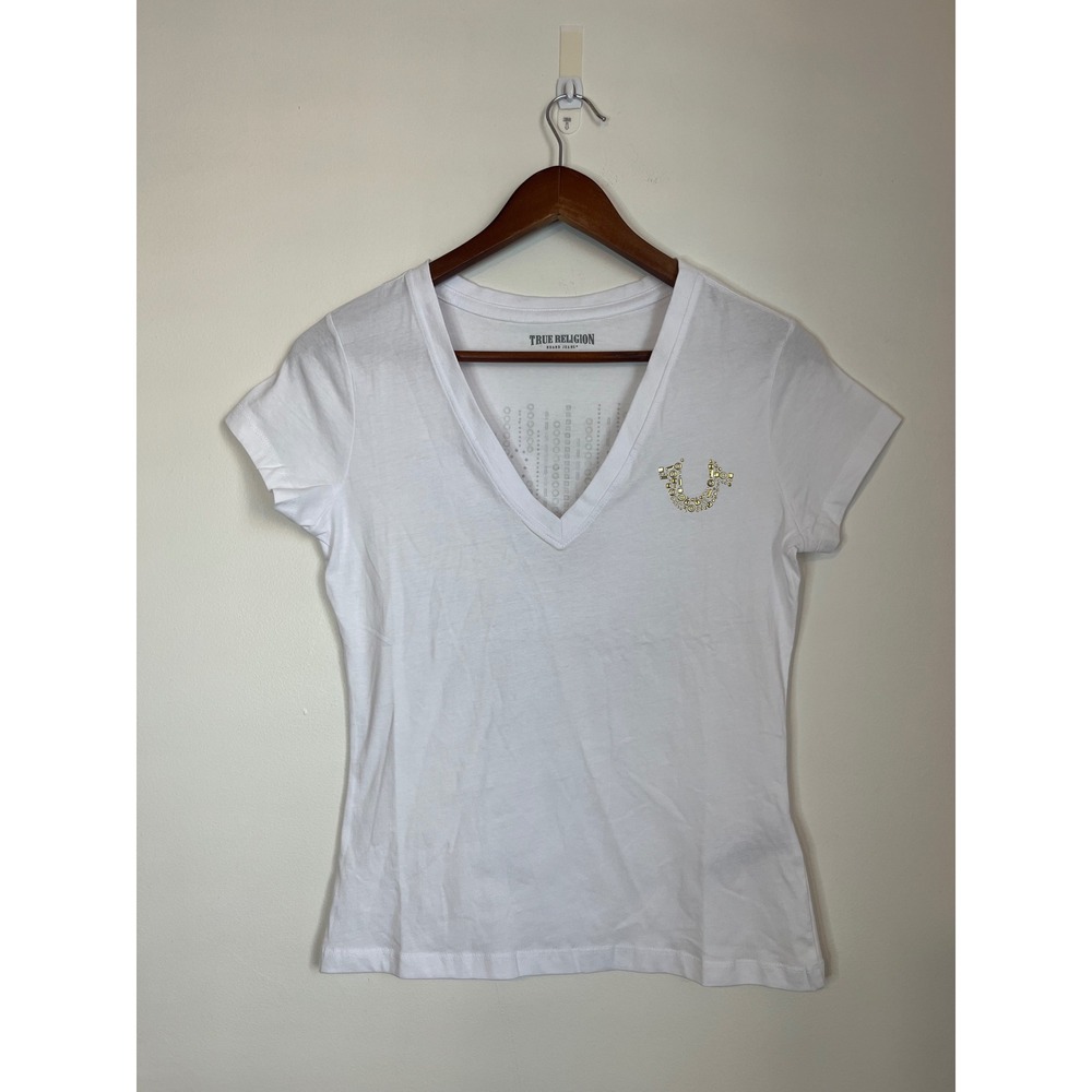 True Religion Womens White V-Neck T-Shirt Gold Rhinestone Studded Horseshoe XS